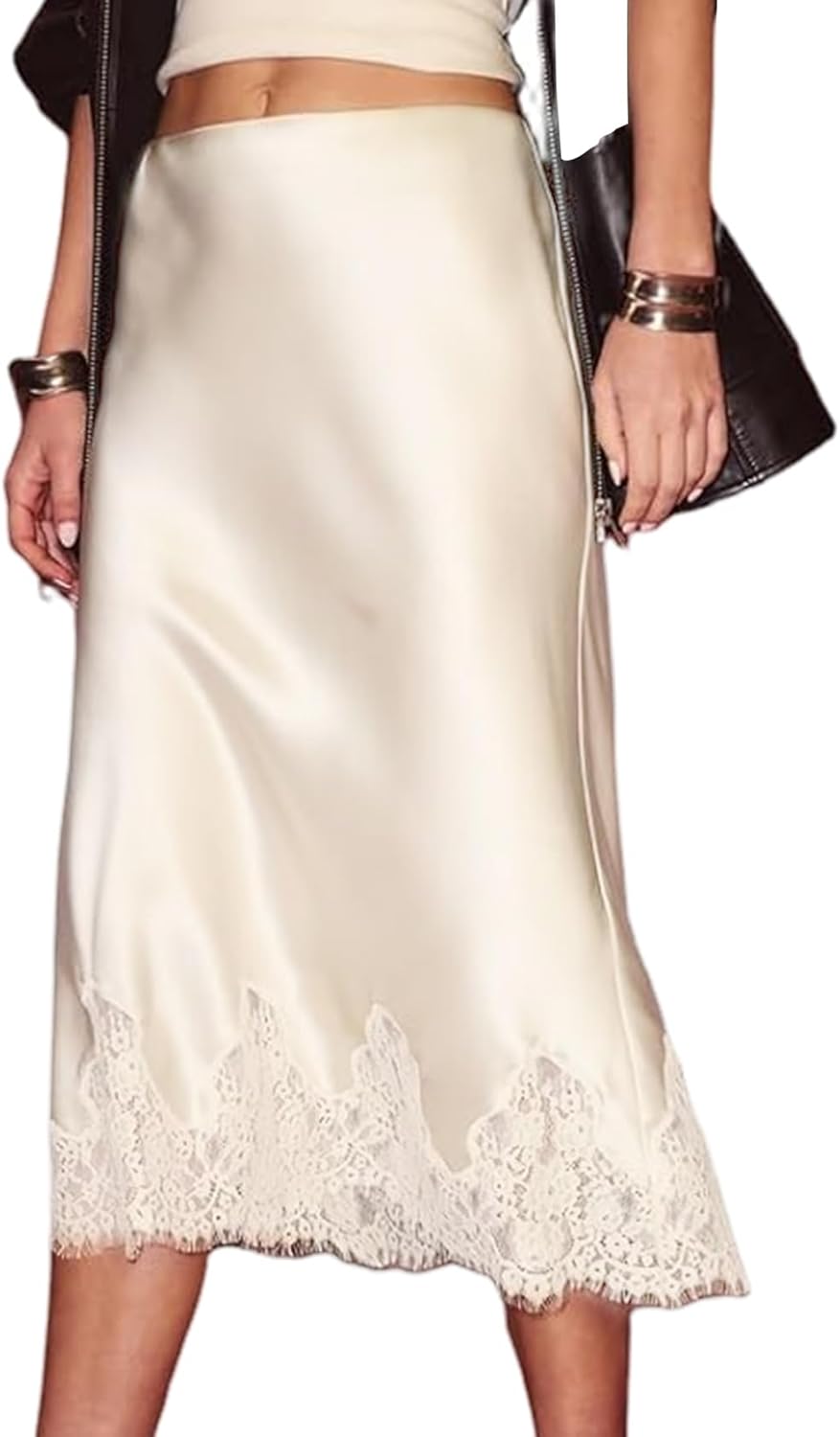 Yimoon Satin Skirts for Women Silk Midi Skirt Lace Trim Flowy Cocktail Party A Line Skirt