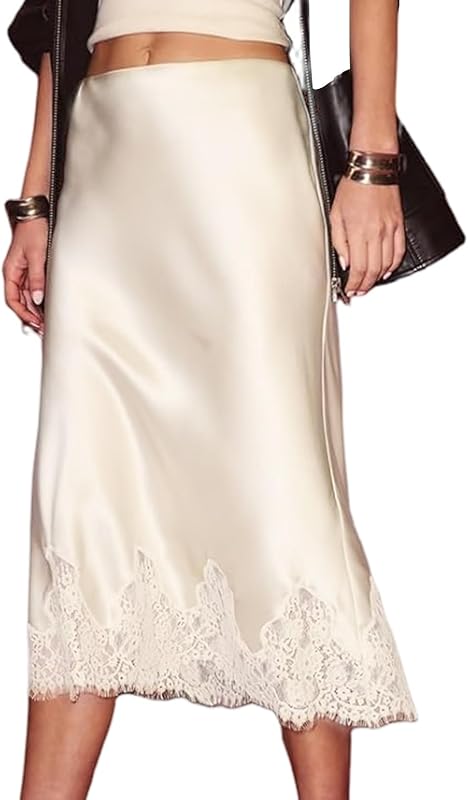 Faldas de satén para mujer pollera midi de seda pollera de encaje fluido | Cintura alta, pollera de corte A, cóctel de boda, traje de cita nocturna, pollera larga de seda, verano primavera otoño