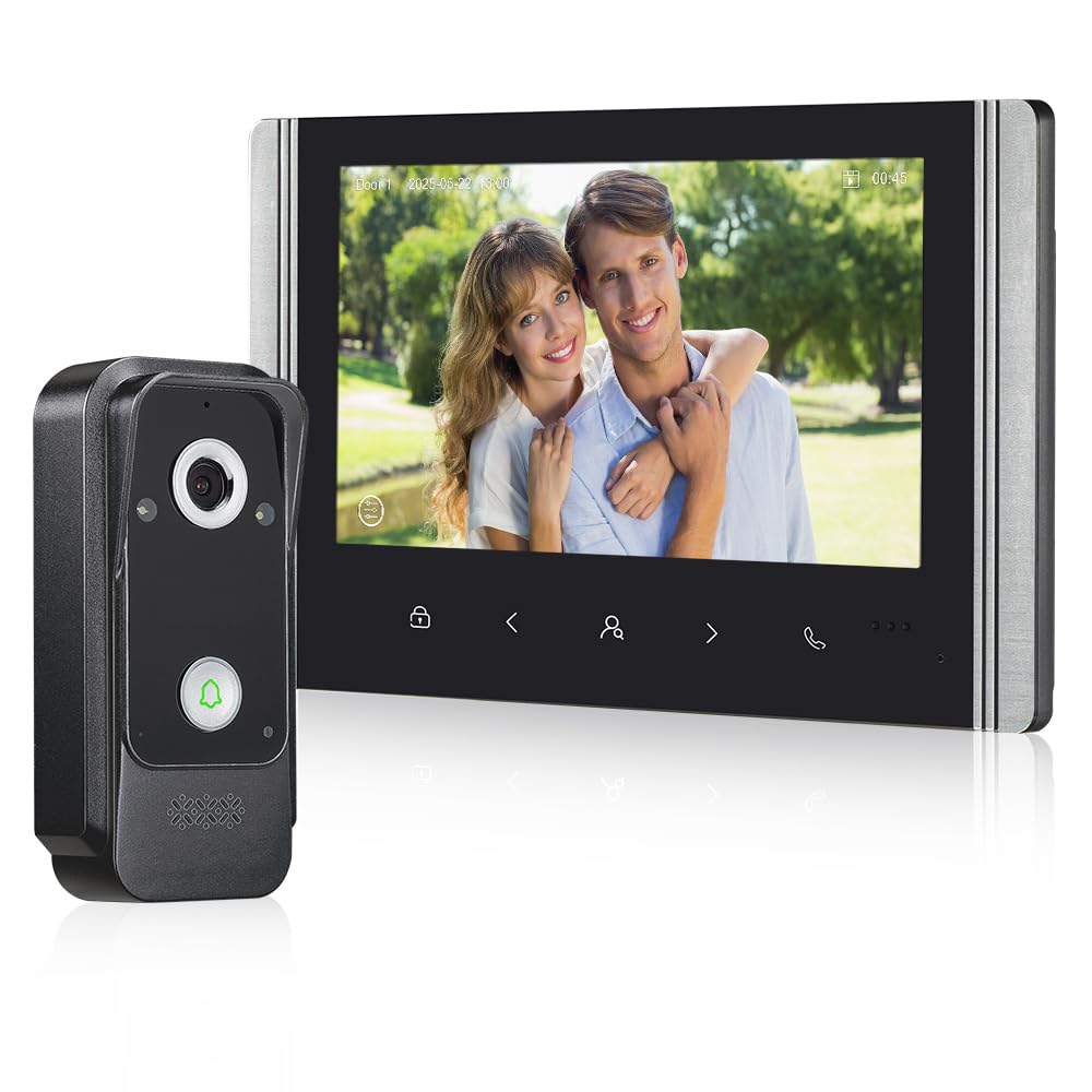 Sistema de Videoportero 4 Hilos Timbre con Cámara HD 1080P, Pantalla a Color IPS de 7 zoll, Cámara de Video con Visión Nocturna por nfrarrojos, Desbloqueo y Grabación