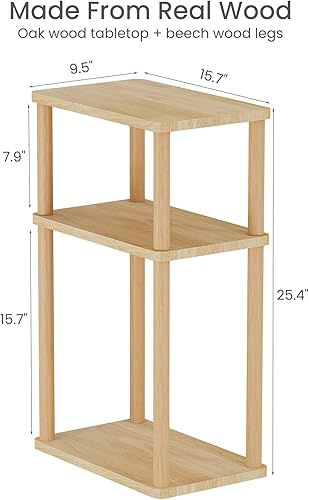 Vista 3 de LUCKNOCK Mesa auxiliar de madera maciza, mesa auxiliar pequeña de 3 niveles, mesa auxiliar estrecha para sofá con estante de almacenamiento, mesita