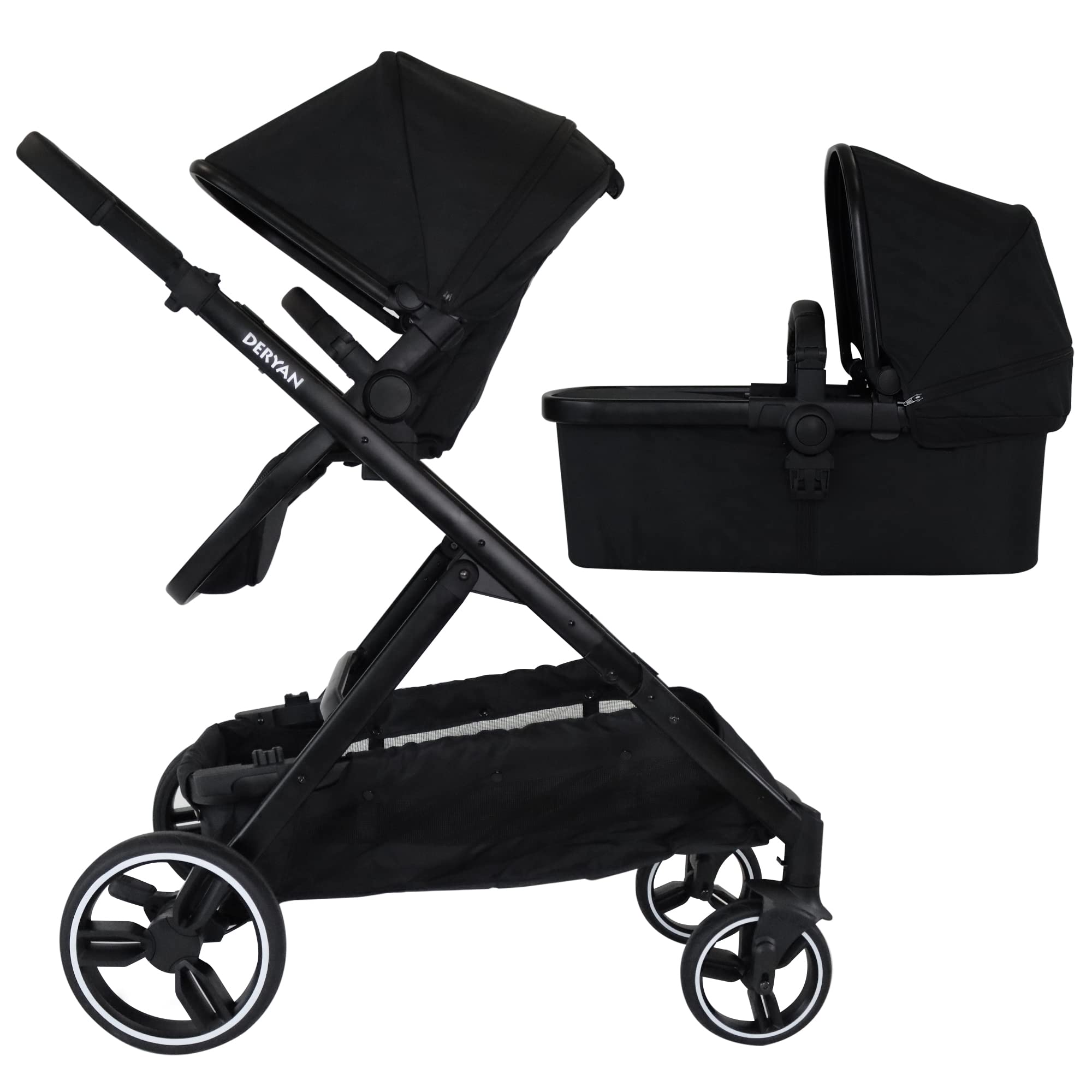 Deryan Poussette pour 2 enfants - pour nouveau-nés, tout-petits et enfants d'âge préscolaire - poussette poussette jusqu'à 50 kg - landau - poussette de voyage 2 en 1 ensemble complet - Noir