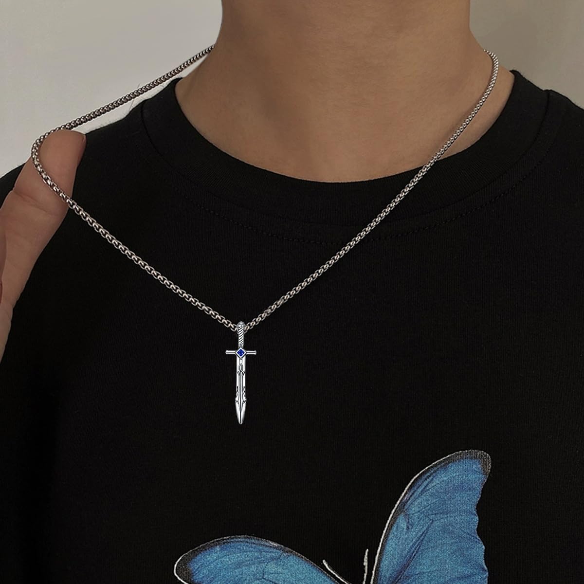 Sword Necklace 925 Sterling Silver Blue Sapphire Sword Dagger Pendant Jewelry for Men, w/Stainless Steel Chain 22''+2'' - Image 3