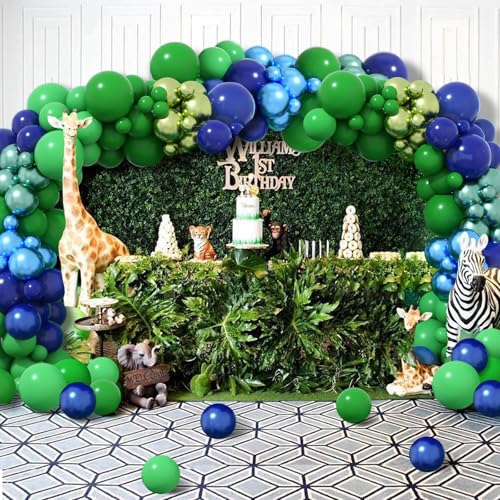 130Pcs Blue and Green Balloon Arch Kit, Metallic Green Blue Garland Arch Kit, Navy Blue Dark Green Foil Latex Helium Balloons Birthday Party Decorations Jungle Dinosaur Baby Shower Party Supplies