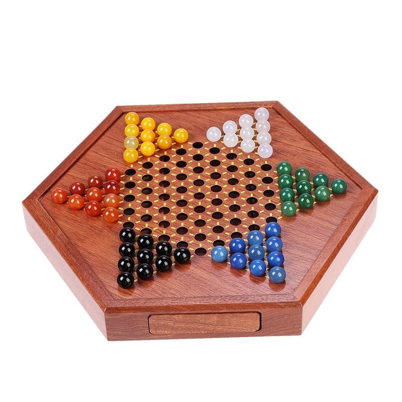 schachspiel Chinesisches Dame-Brettspiel aus Holz mit 72 farbigen, blütenförmigen Glasmurmeln (16 mm), klassisches Strategiespiel(Agate Brown,36cm)