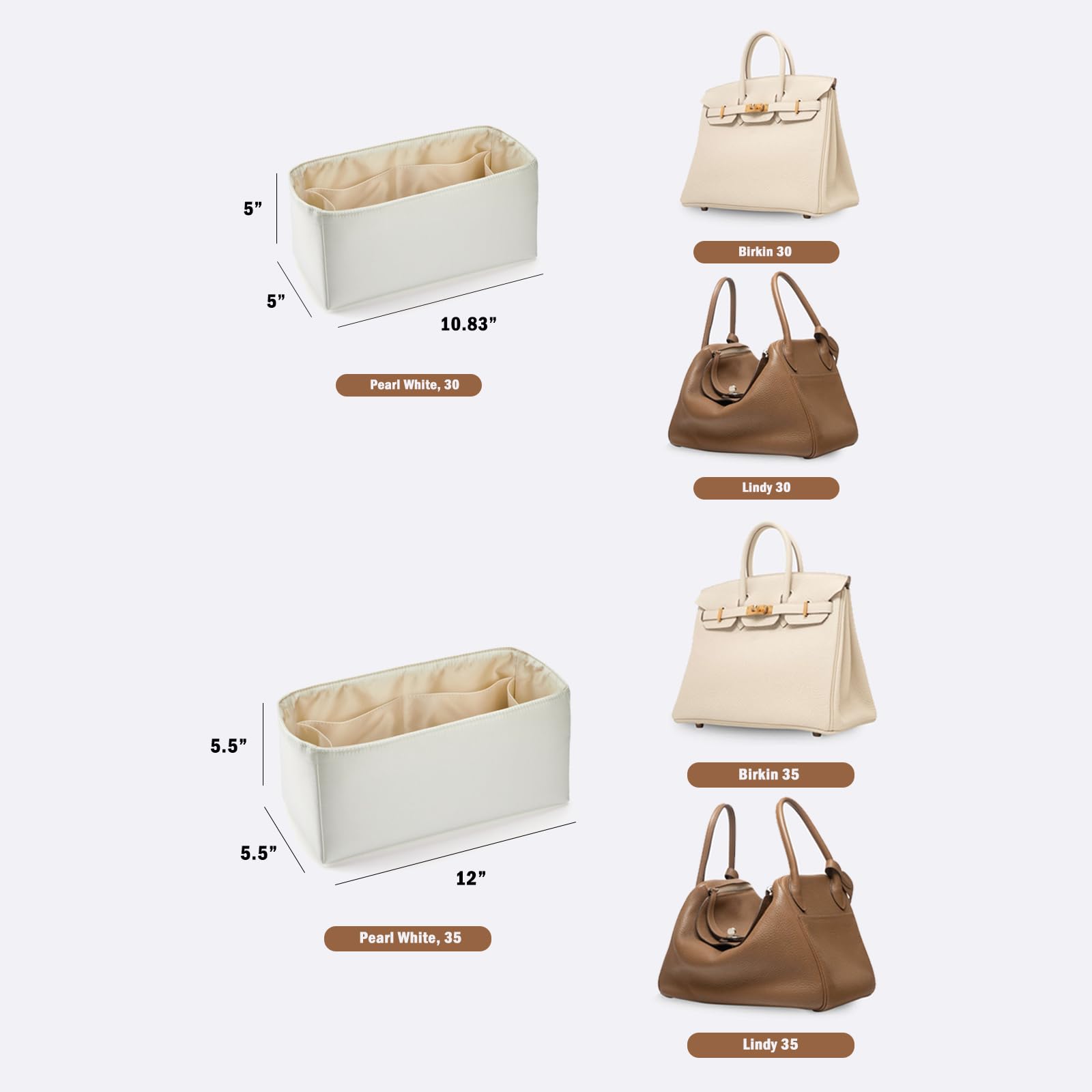 Volcuna Universal Silk Purse Organizer Insert for Hermes Birkin Lindy 35 with Multiple Compartments and Zipper Pocket (Pearl White, 35)