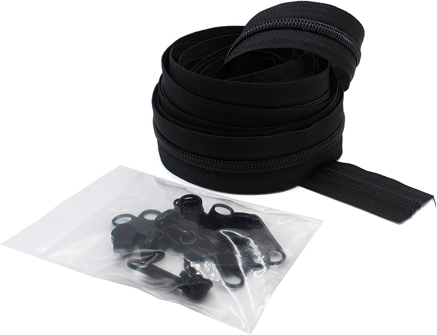 #5 YKK Zipper Black Coil Chain - 5 Yards & 10 Long Pull Sliders - Made in The United States