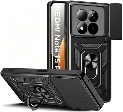 Case for Redmi Note 15 Pro, Black, with Sliding Camera Cover, Ring Holder Stand, Shockproof Protection