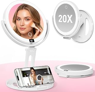 Foldable Travel Makeup Mirror with Light and Magnification, White | Double Sided 1X/ 20X Magnifying, 3 Color Lighting & Stepless Dimming, Digital Screen, Portable Rechargeable Vanity Mirror
