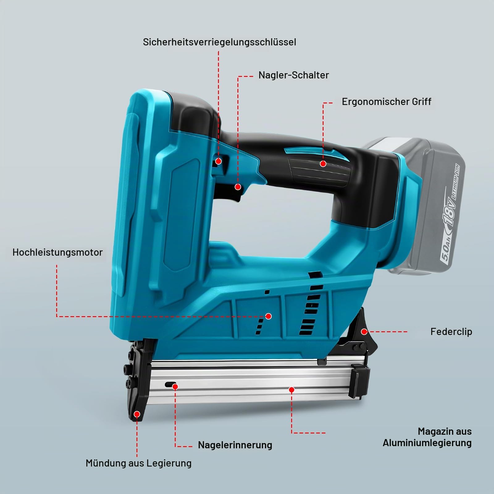 WingFly Akku-Tacker Nagelpistole Kompatibel Mit Makita 18V, Professional Nagler Mit 2000 Nägel, Elektrotacker für DIY-Projekte in Möbeln, Tischlerei (Ohne Akku)