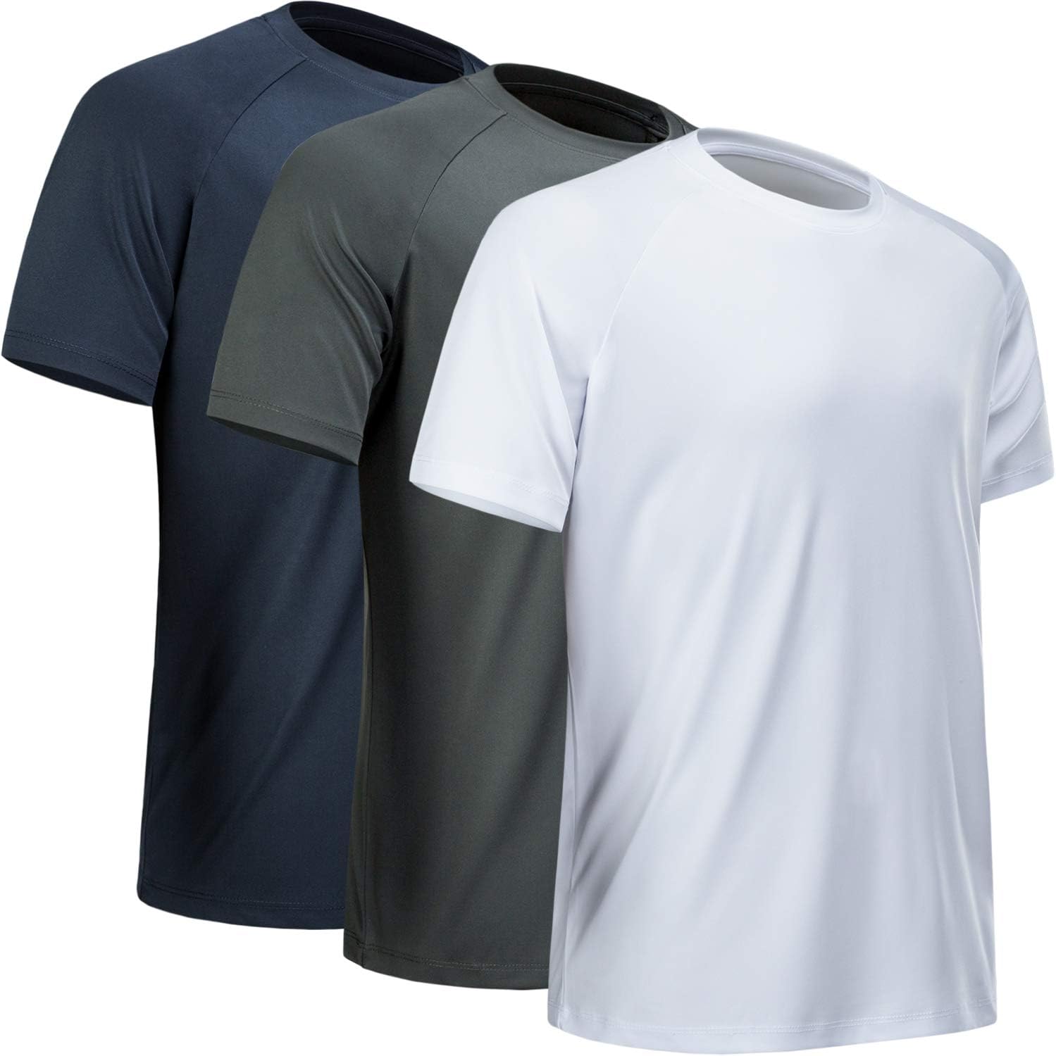MCPOROWorkout Shirts for Men Short Sleeve Quick Dry Athletic Gym Active T Shirt Moisture Wicking, 3 Pack Navy, Dark Grey, White, 3XL