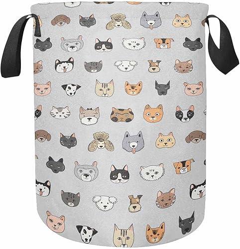 InterestPrint Cute Cat and Dog Animal Doodle Freestanding Laundry Basket Durable Tall Laundry Bin Collapsible Waterproof Clothes Hamper Bedroom