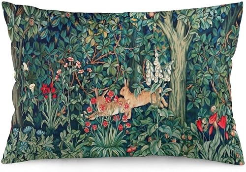 Dripglw Fundas de almohada con diseño floral de William Morris de animales del bosque, 12 x 20 pulgadas, diseño de liebres azules, verdes, rojas,