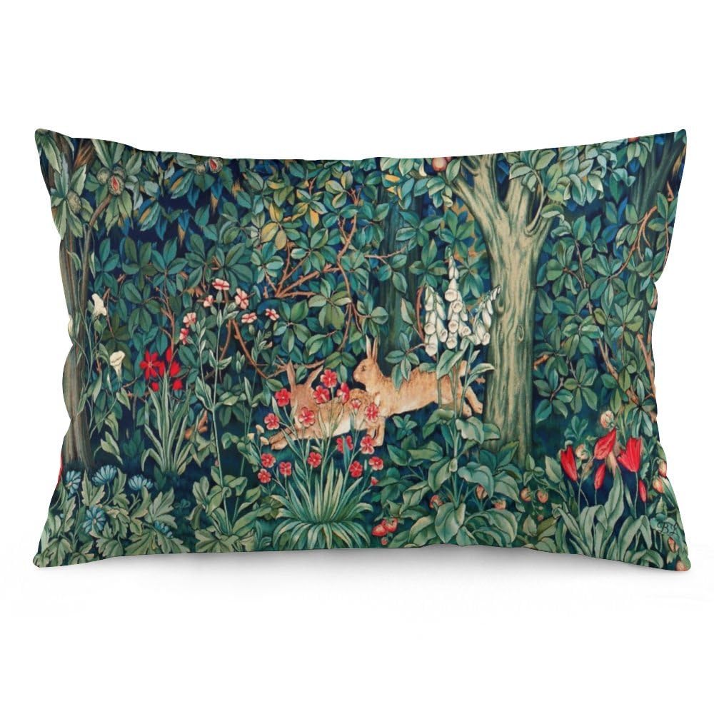 Dripglw Forest Animals Hares Blue Green Red Floral William Morris Throw Pillow Covers 12x20 Inch Aesthetic Pillow Velvet Decorative Pillowcase Home