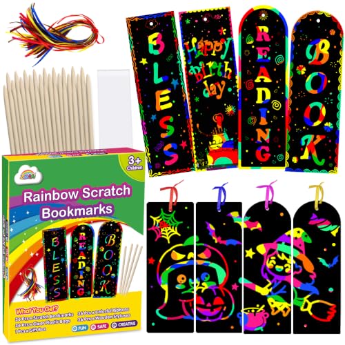 ZMLM Rainbow Scratch Paper Art Bookmarks for Kids Party Favors 36 Pack