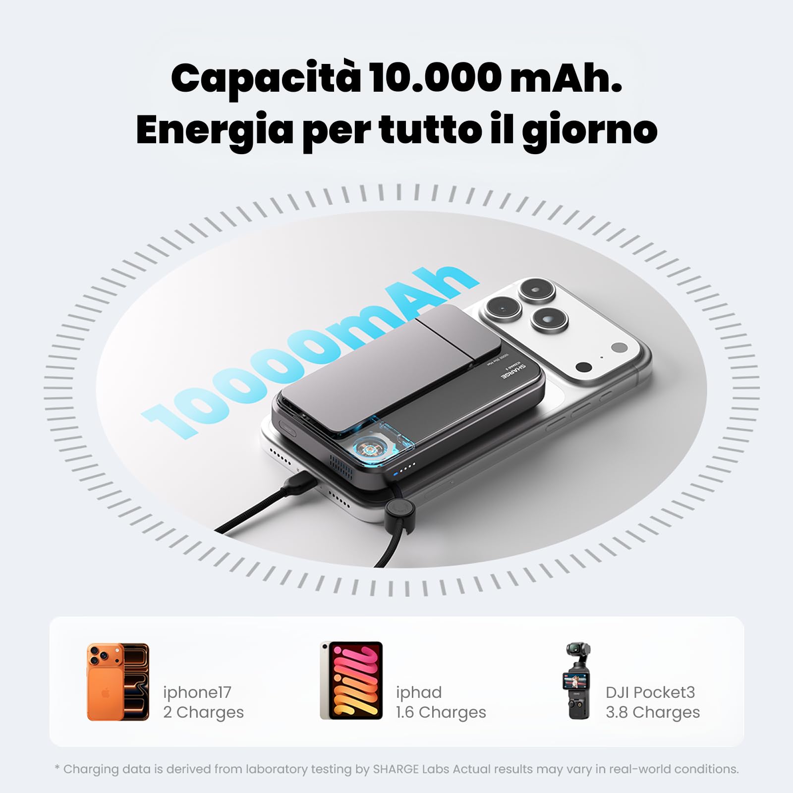 sharge ICEMAG 3 Power Bank Magnetico 10000mAh, Qi2.2 25W Caricatore Portatile Wireless con Raffreddamento Attivo 3.0, Ricarica Rapida USB-C 35W, Design Trasparente RGB (WH-EU)
