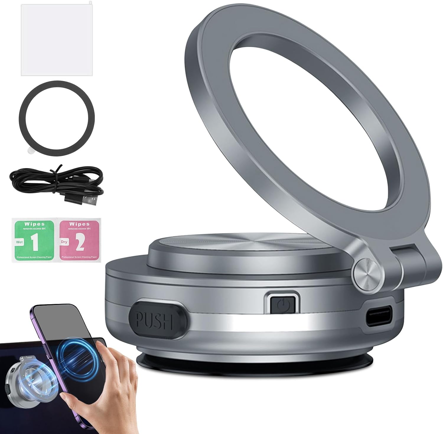 Electric Vacuum Magnetic Car Phone Mount, 360° Rotatable Car Suction Phone Mount, Vacuum Magnetic Phone Holder, Strong Suction for Car & All Smooth Surface,Compatible with All Phone Types (Silver)