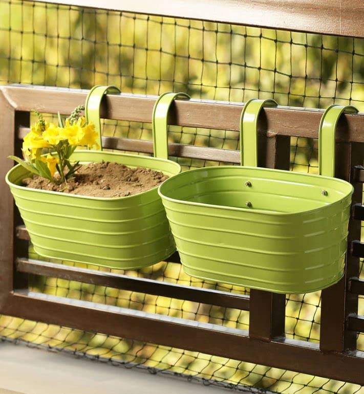 Ezzu Crafts Green Hand-Painted Metal Railing Cum Table Planters Pots, Hanging Wall Flower Decor Bucket Stand (Set of 2) (B0B51RP1GW) Amazon Price History, Amazon Price Tracker