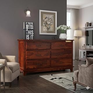 Sheesham Wood Chest of Drawers 6 Drawers Storage Cabinet Already Assembled Honey Finish Furniture Organizer Cabinet for Home Bedroom Living Room & Office