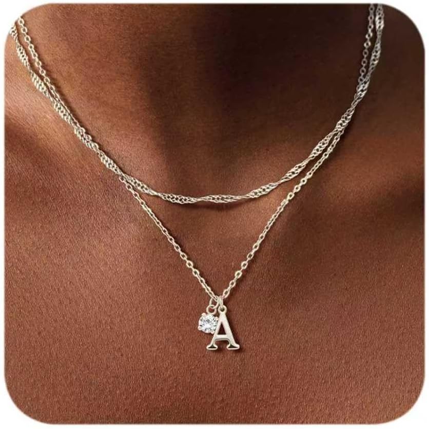Sterling Silver Initial Necklaces for Women Girls Dainty Letter Necklace Stack Non Tarnish Silver Layered Necklaces Simple Chain CZ Diamond Pendant Necklaces Stacked A-Z Name Personalized Trendy Jewelry Gift