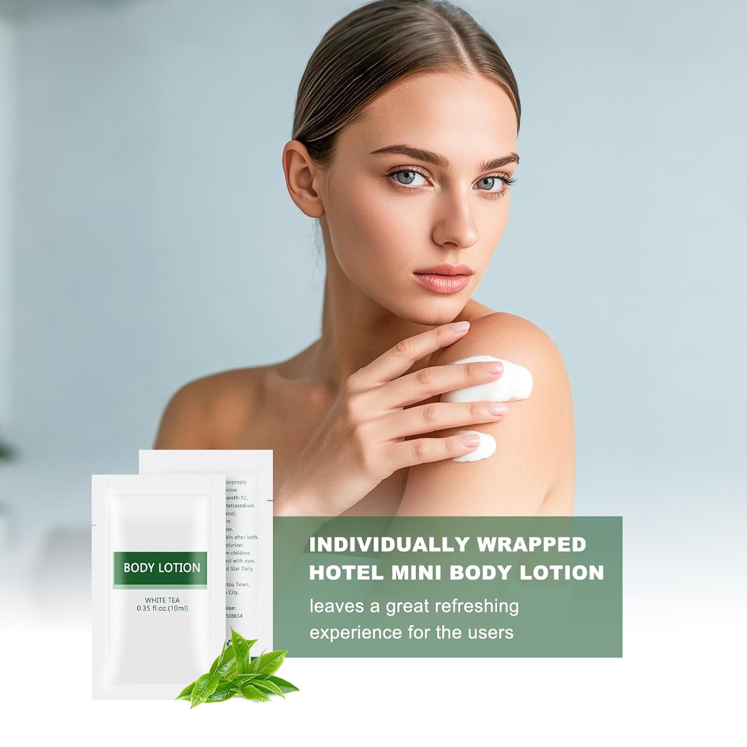 200 pack Travel Size Body Lotion Bulk Individually Wrapped - Refreshing Mini Lotion Single Use Supplies for Homeless Care Hotel Guests, White Tea Scent,0.35 fl oz/10ml