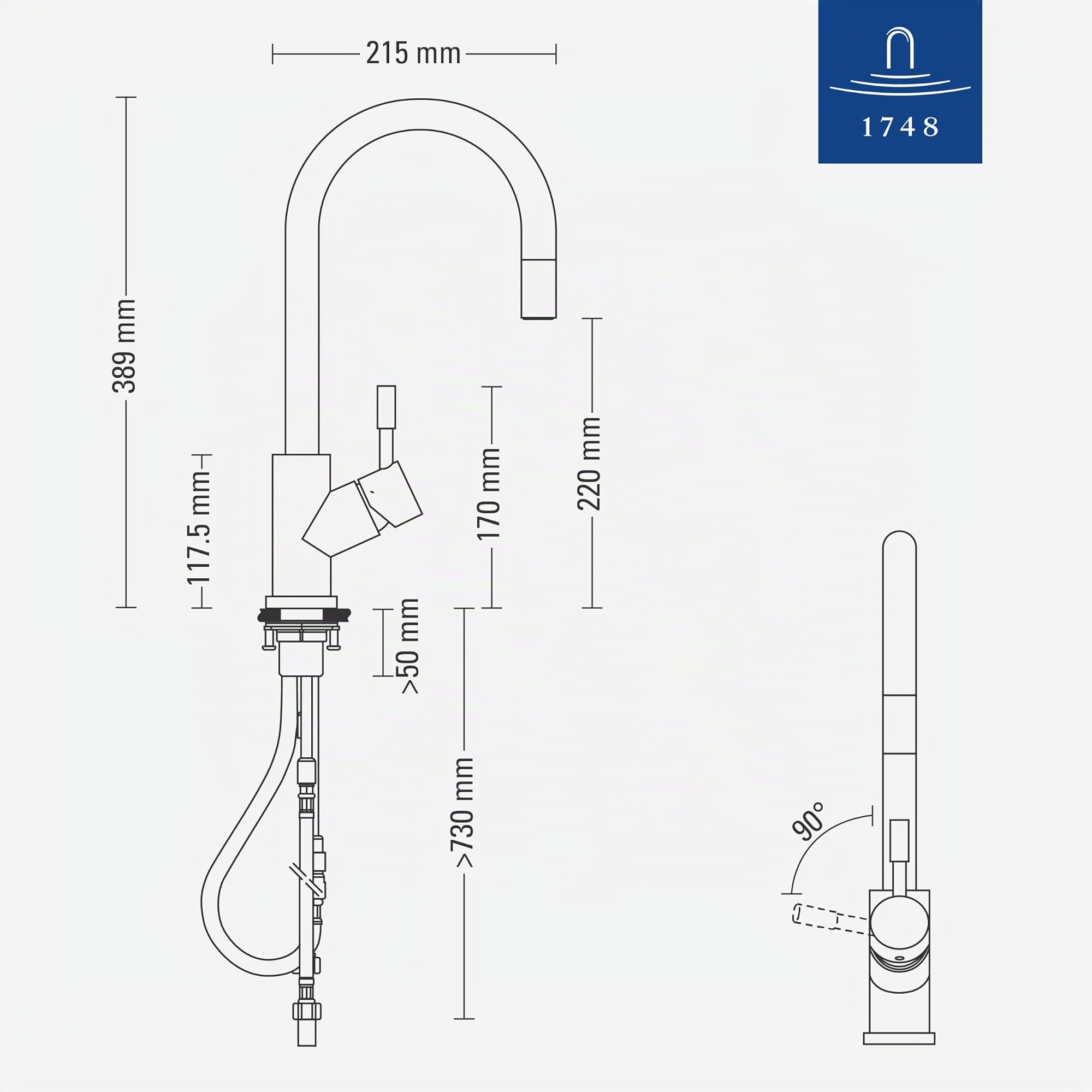 Robinetterie Villeroy & Boch Umbrella Flex, haute pression, robinet avec douchette extractible et rotation 360°, robinetterie économique, bec 220 mm, gold