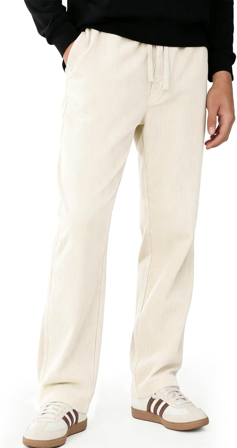 gymha Men's Corduroy Pants Cotton Baggy Straight Leg Loose Fit Soft Stretch Casual Drawstring Elastic Waist