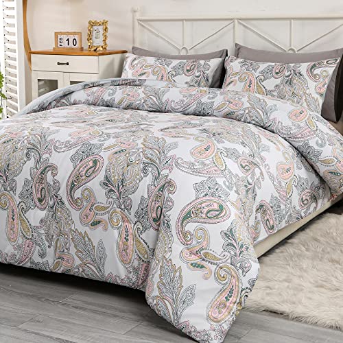 Qucover Comforter King Size, 3-Piece Elegant Pink And Green Paisley Comforter, Ultra Soft Microfiber Comforter Sets King Bed With Pillowcases #TOP5