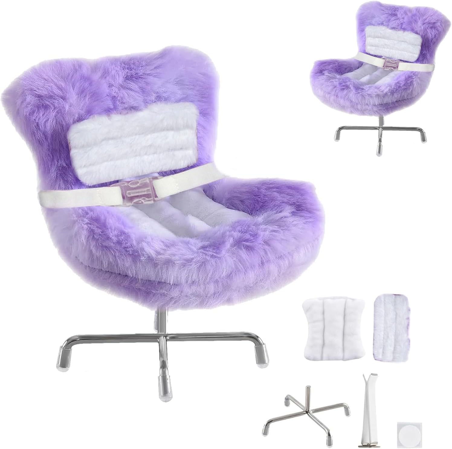 Plush car seat Cushion Ornament with Transparent Base Featuring a Seatbelt Design, Breathable Clip Accessories, Accommodates 17cm Dolls Suitable for Collectors' Gifts and Desktop Display (Purple)
