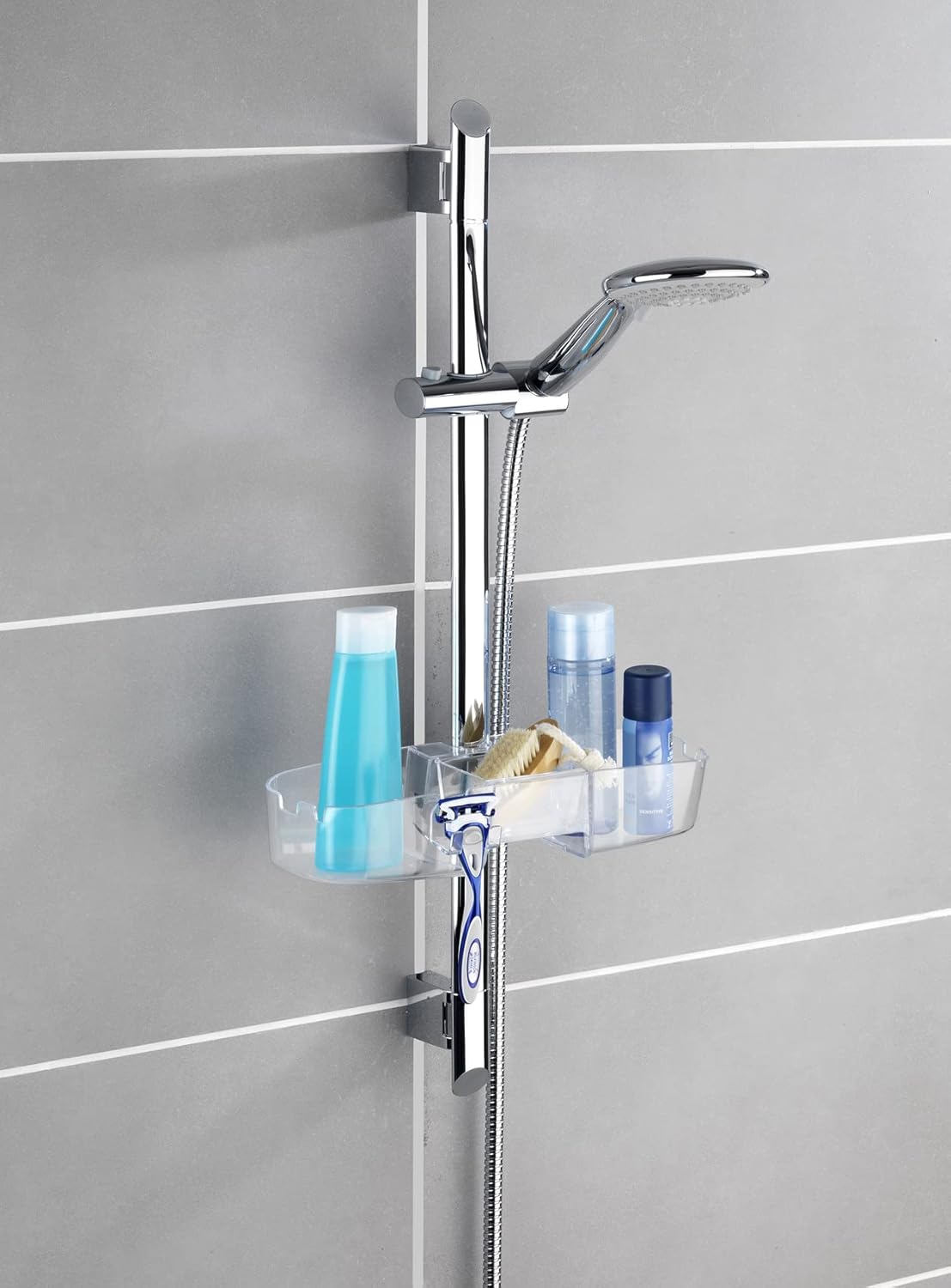 Wenko Duschstangencaddy Premium-Shower Shelf with 3 compartments and Hooks, 36 x 12 x 7.5 cm