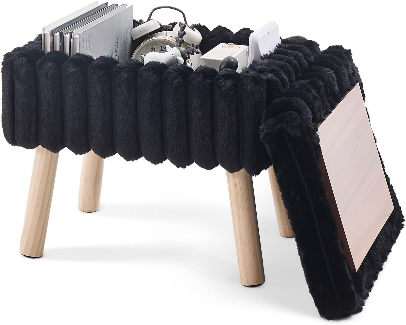 Wimarsbon Storage Ottoman,Soft Faux Fur Footstool with Padded Seat, Small Reading Vanity Chair, Footrest with Wood Tray for Couch, Mini Coffee Table or Display Stand (Black)