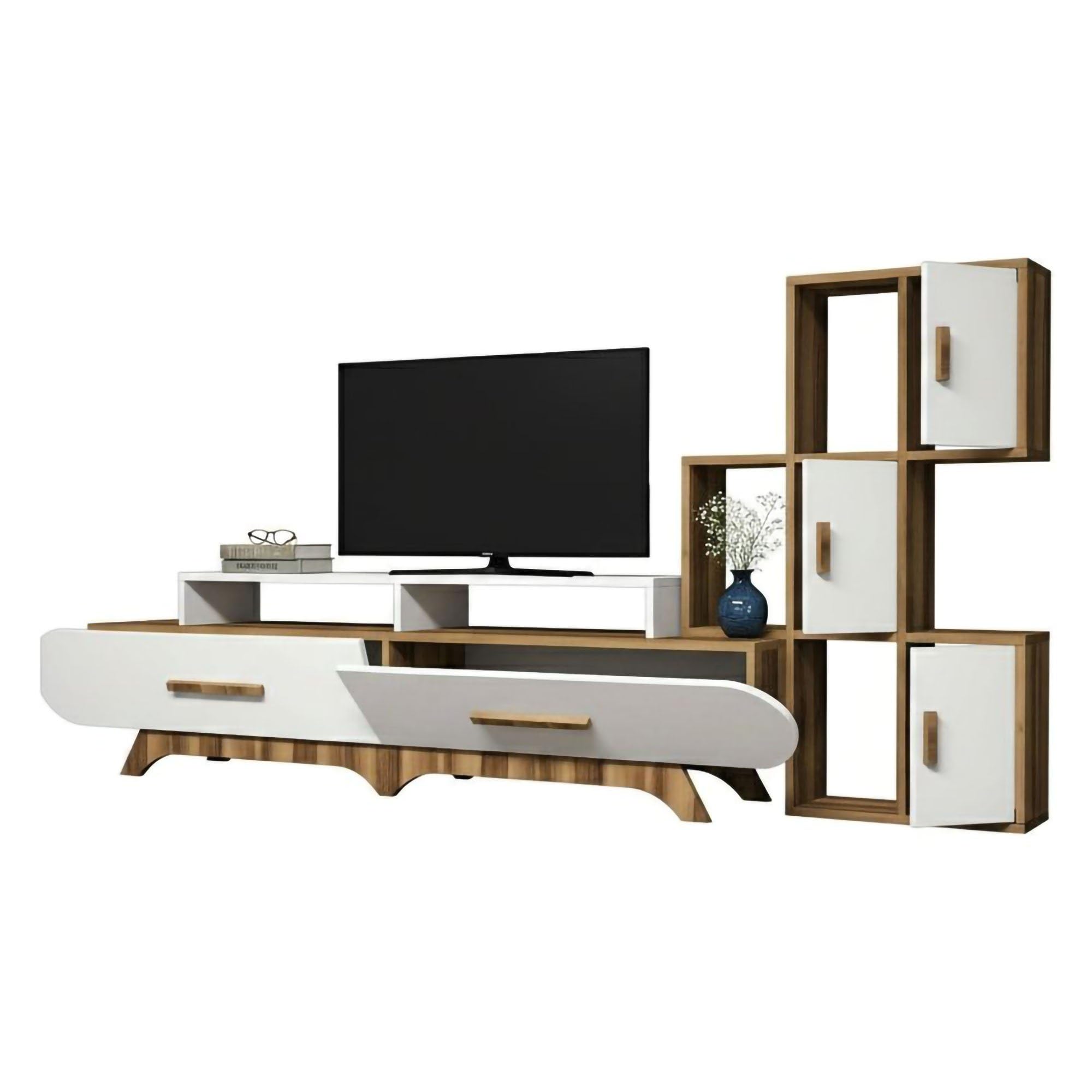 Dmora - Parete attrezzata Zephyria, Composizione soggiorno, Mobile salotto multiuso, Armadio porta TV, 205x37h50 cm, Noce e Bianco
