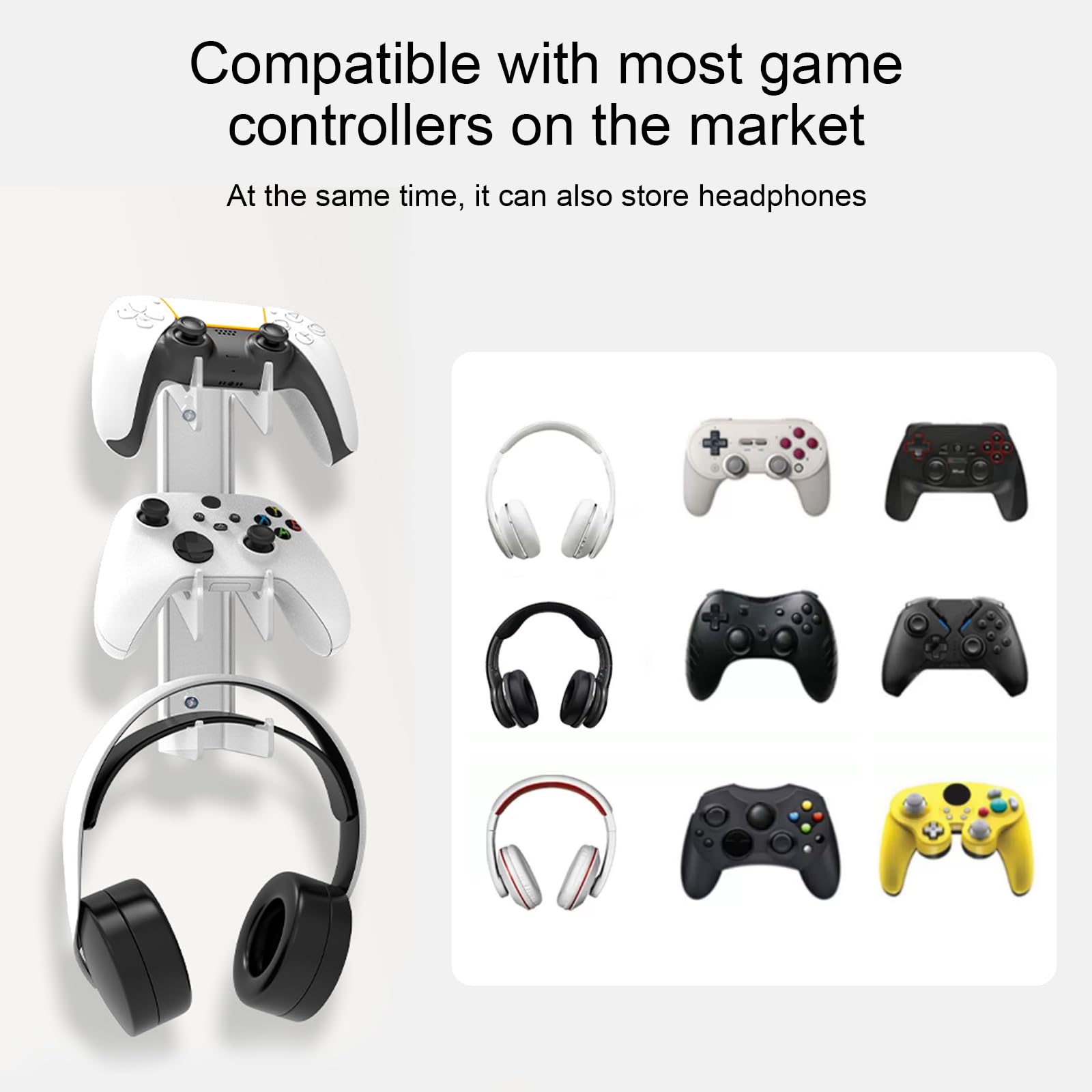 Gamepad Supporto per PS4/PS5/PS3/Xbox/Switch, Portaoggetti da Parete per 2 Maniglie e 1 Cuffia, Gancio per Cuffie, Controller Stand Trasparente