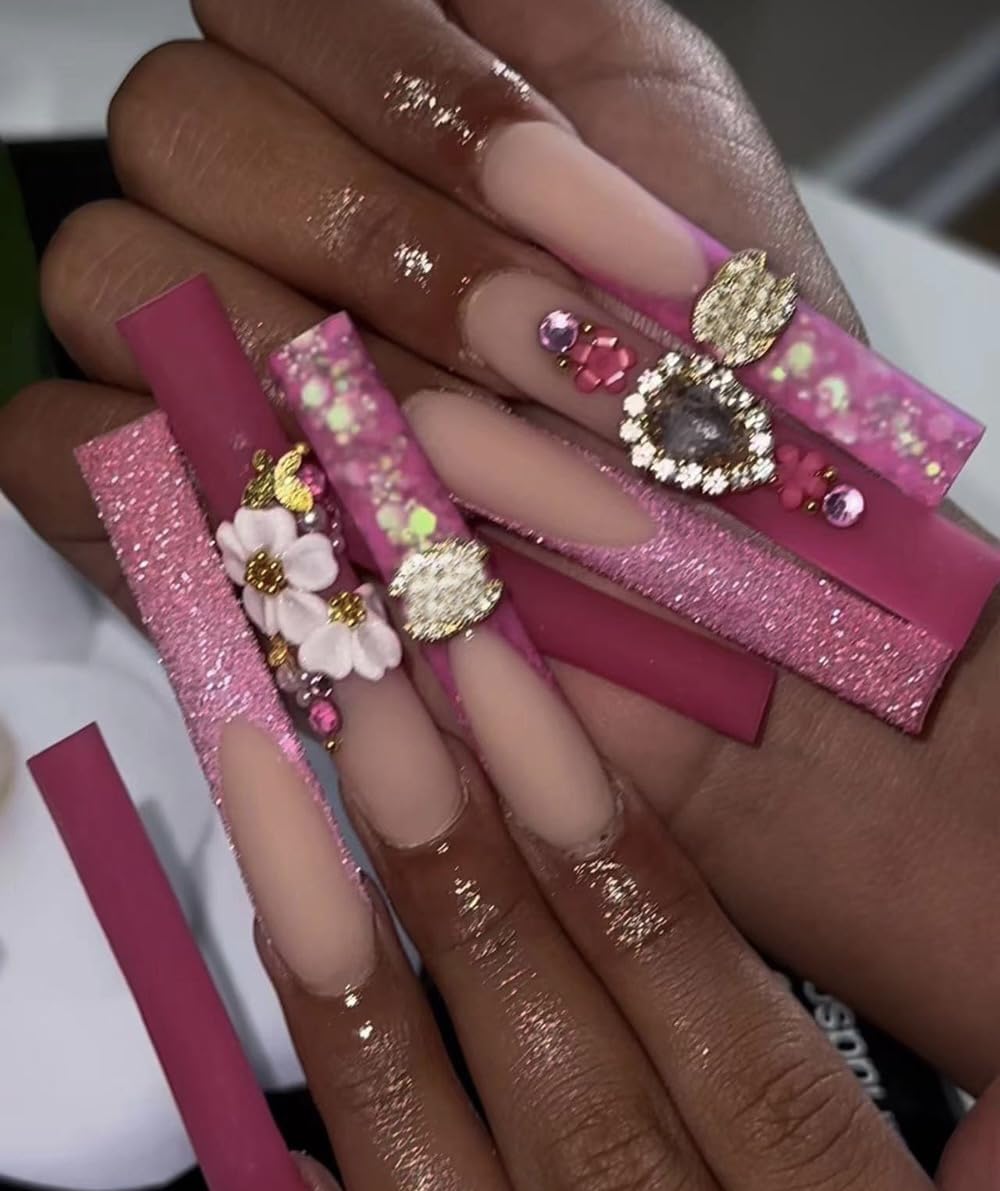 Luxury Rhinestone Hot Pink French Handmade Long Square Ballet Nails Press on Nails, French Acrylic Full Cover Fake Nails With Rhinestone, False Nails For Women Girls Art Decoration (Small)