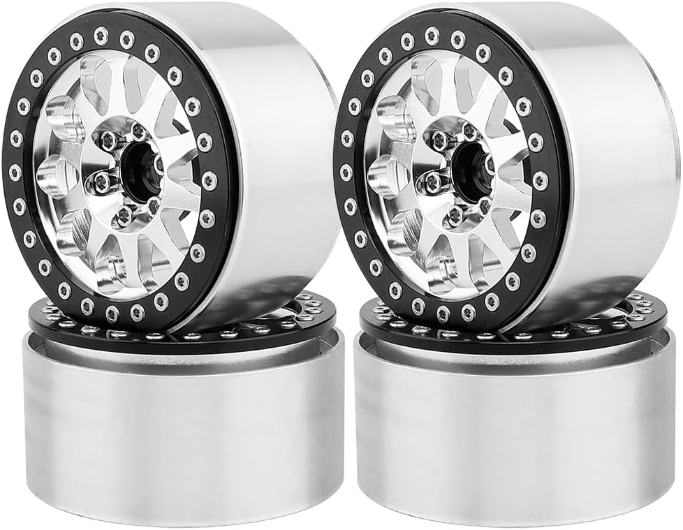 4Pcs Aluminum 2.2" Beadlock Wheel Rims for 1:10 RC Rock Crawler Axial SCX10 I II III RR10 Wraith 90048 90018 TRX4 Metal Upgrades (Silver)