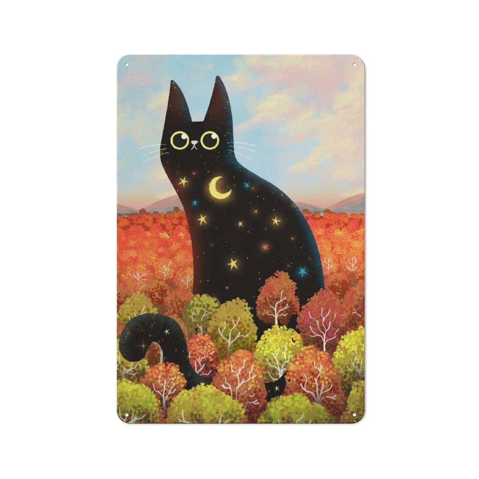 Junmoney Black Cat With Stars Metal Plaque With Design 30X20cm, Cosy Diner Style Decor For Coffee Bar, Kitchen, Bistro Or Tea Corner