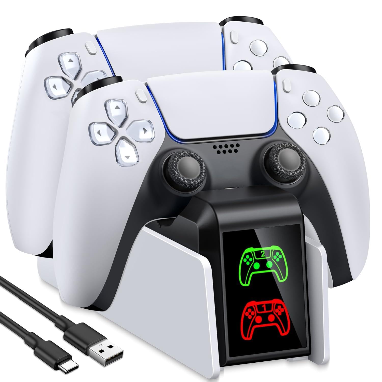 PS5 Charging Station, 2H Fast Controller Charger for PlayStation 5 DualSense, Upgrade PS5 Charging Dock with 2 Types of Cable, White