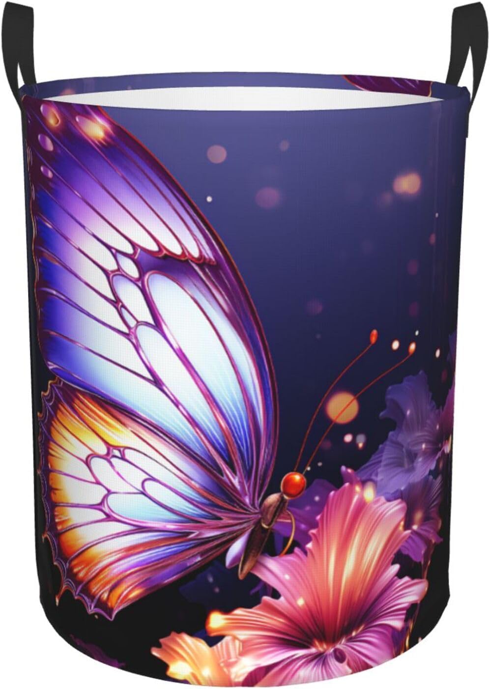 Purple Butterfly Laundry Basket With Handles, Foldable Laundry Hamper Oxford Cloth Dirty Clothes Basket Waterproof Clothes Toys Storage Bin Organizer for Bedroom Bathroom Dorm