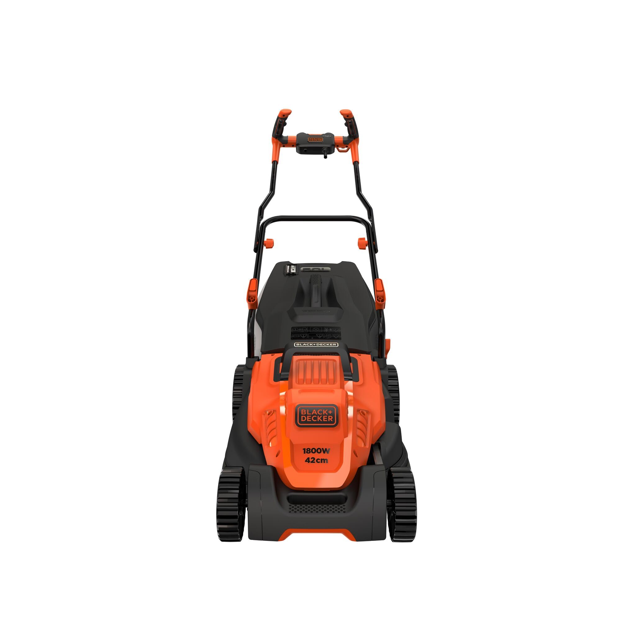 Black+Decker Elektro-Rasenmäher mit Fahrradlenker-Griff (1.800W, 42cm Schnittbreite, 6-Fach Höhenverstellung, 50l Grasfangbehälter, ideal für große Gärten) BEMW481BH