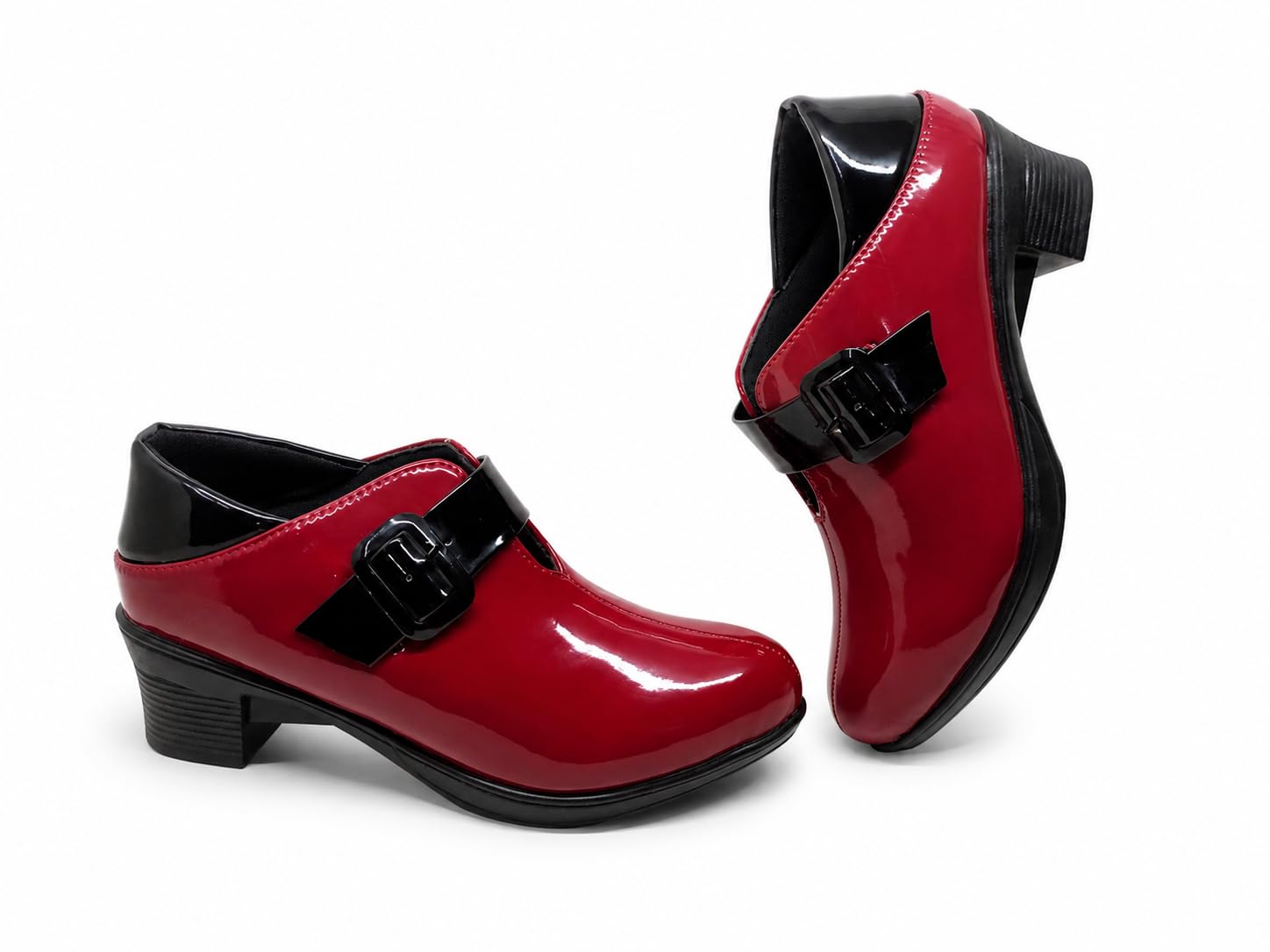 Pinky Store Women's Patent Leather Block Heel Shoes, Beige and Black-image-33