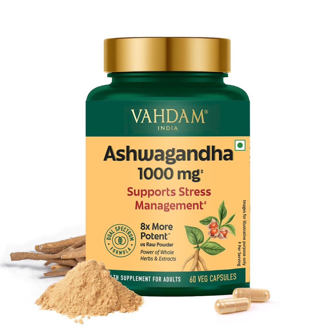 VAHDAM Ashwagandha Root Capsules 1000mg | Dual Formula with 5% Withanolides | Supports Stress Relief, Deep Sleep & Natural Energy | Ayurvedic Adaptogen for Men & Women | 60 Veg Caps
