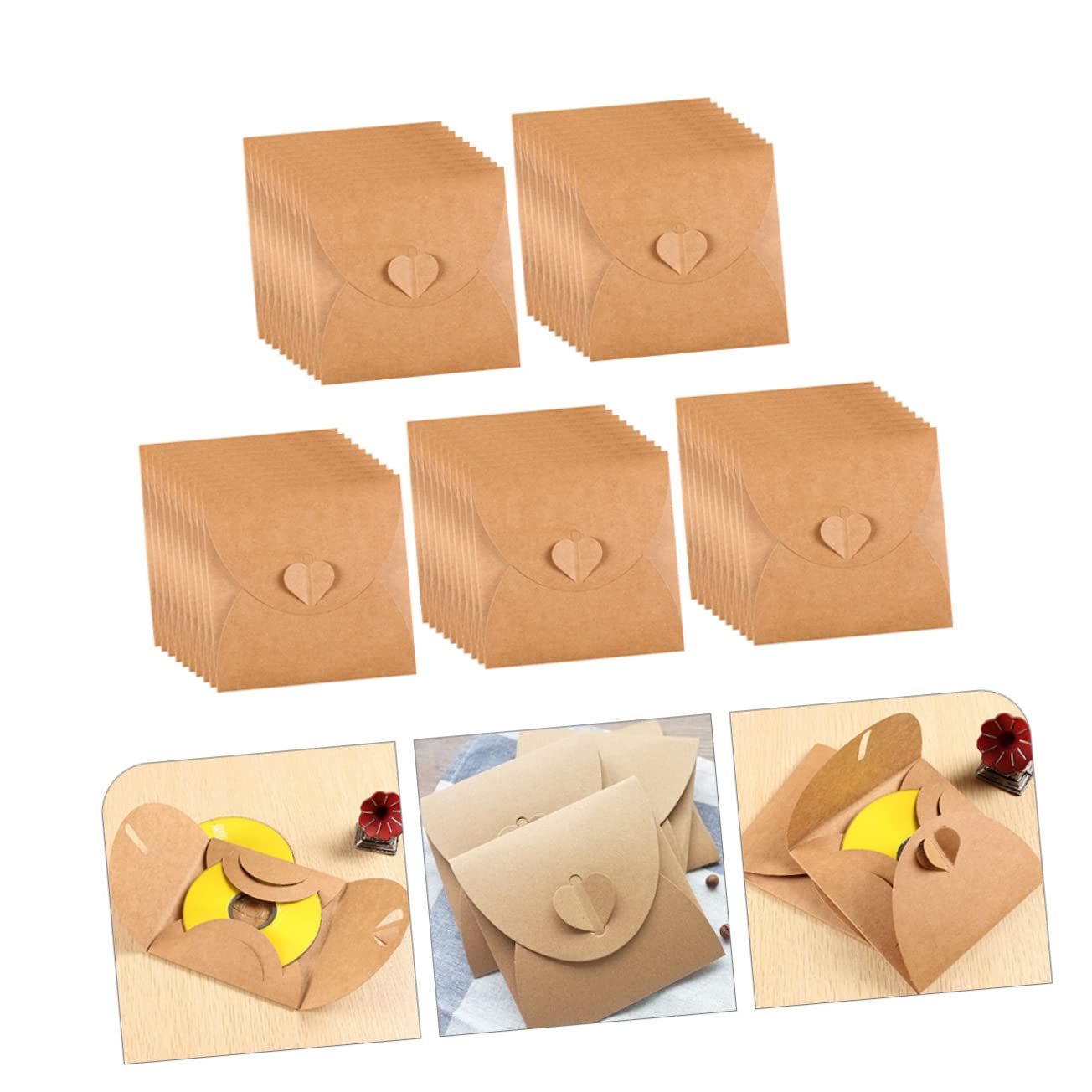 SHINEOFI Pochettes de CD avec Fermeture Cœur Lot de 50 en Papier Kraft et Isolation la Poussière Protection Anti-Rayures pour Rangement Cinéma et Maison