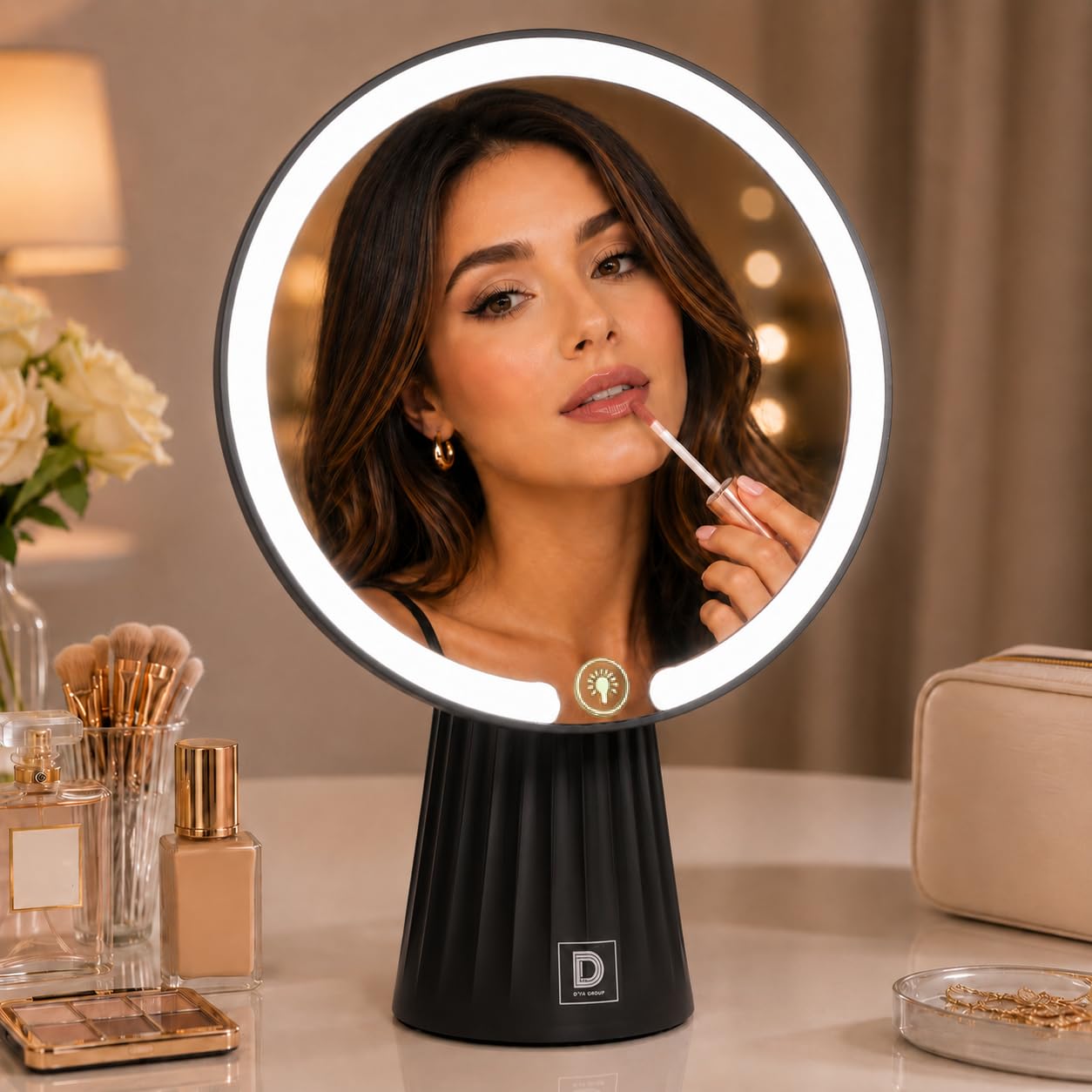 SuperGift.com Black LED Lighted Vanity Makeup Mirror with Touch Control, Dimmable Tabletop Cosmetic Mirror, Modern Round Desk Mirror for Makeup & Skincare, 10x Magnification