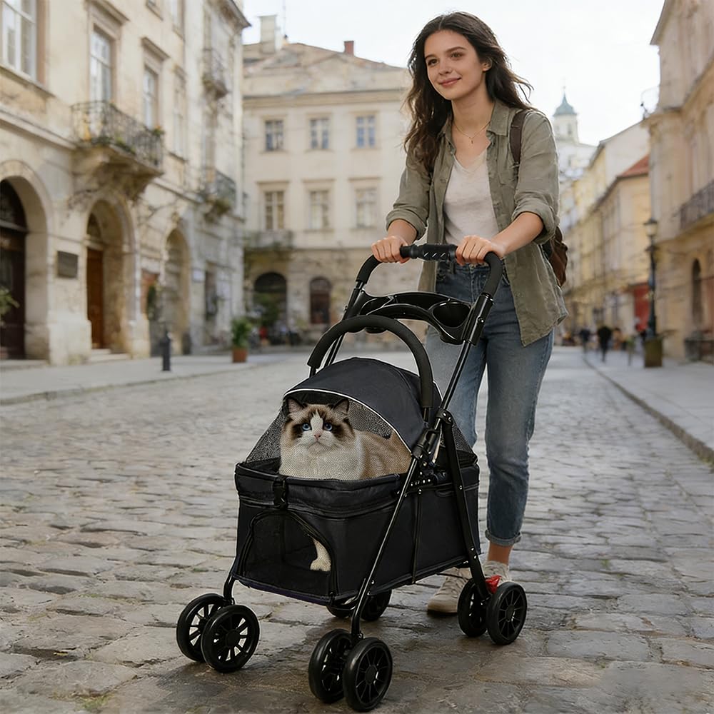Homewell Składany wózek dla zwierząt domowych ze zdejmowaną skrzynią transportową, uchwytem na kubek, schowkiem i okienkiem z siatki, składany, do 20 kg (czarny)
