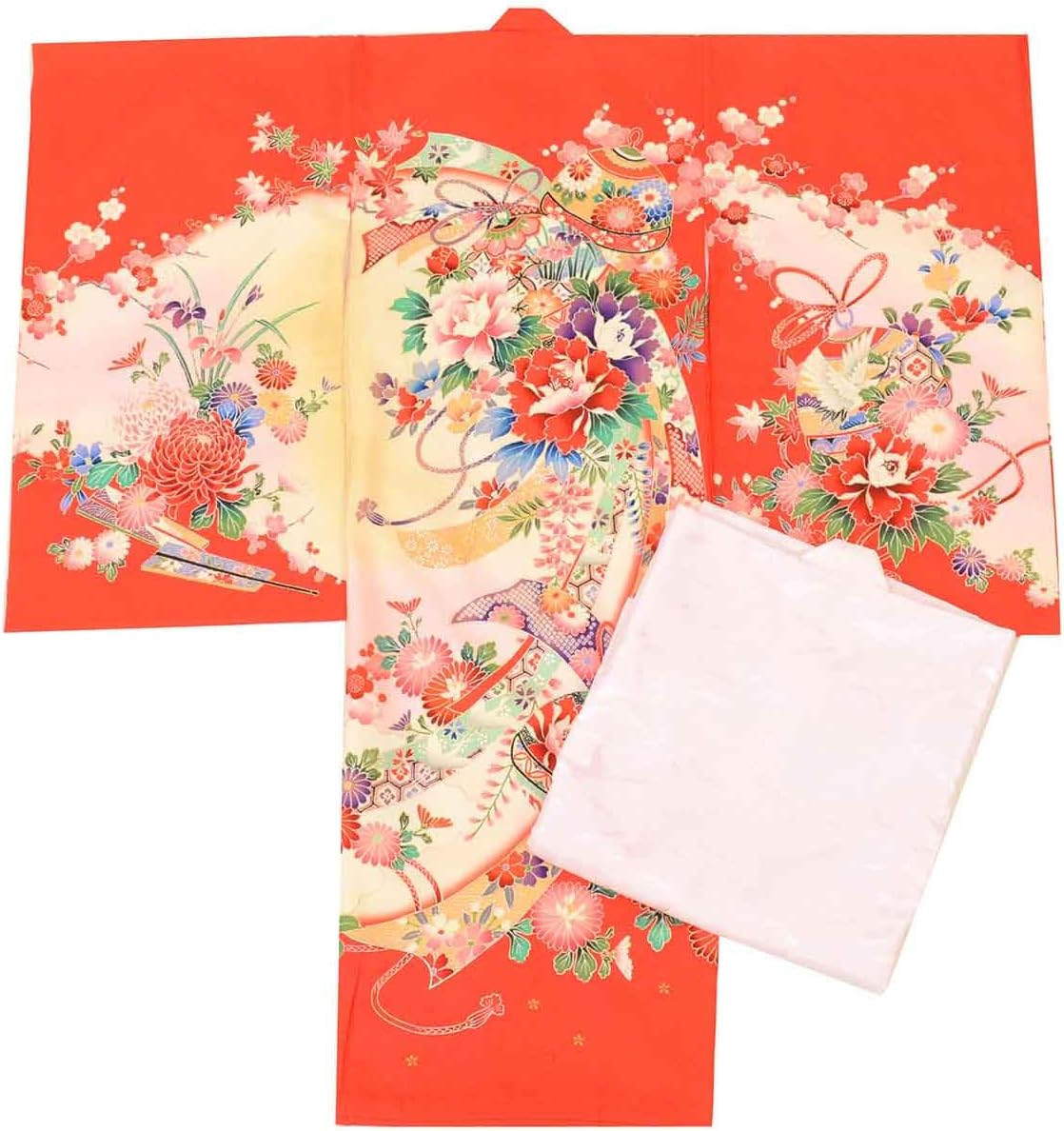 [着物ひととき] 中古着物 長襦袢 女の子 正絹 赤 身丈98cm 裄丈47cm お宮参り 産着 一つ身 仕立て上がり 色系 鈴 四