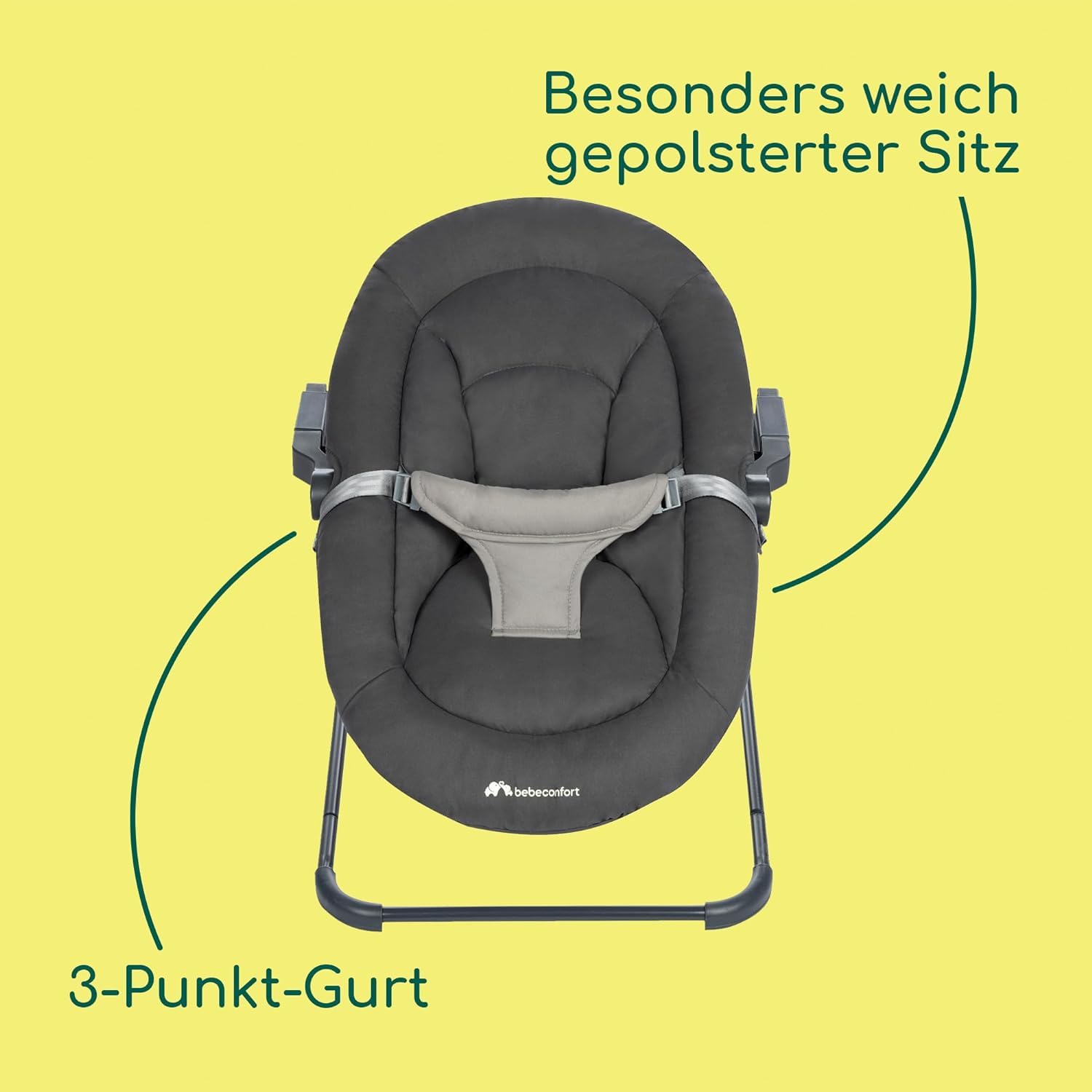 Bebeconfort Timba Baby, 2-in-1-Babywippe, ab Geburt – 6 Monate, 0–9 kg, Neugeborenenset für Hochstuhl Timba Baby, 2 Liegepositionen, besonders weich gepolsterter Sitz, 3-Punkt-Gurt, Tinted Graphite