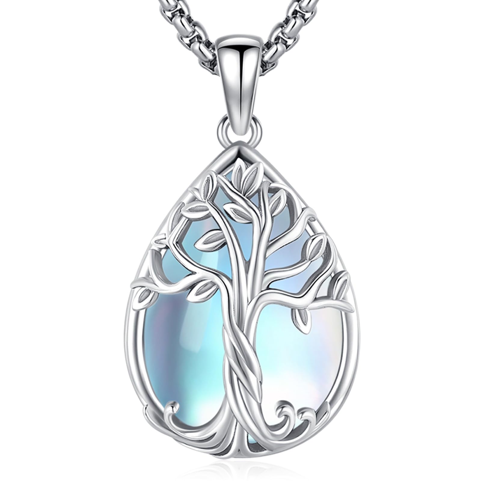 Eusense Lebens Baum Halskette für Frauen Stammbaum Kette Mondstein Anhänger Kristallherz Halskette Schmuck Geschenk für Mama Lebensbaum Schmuck