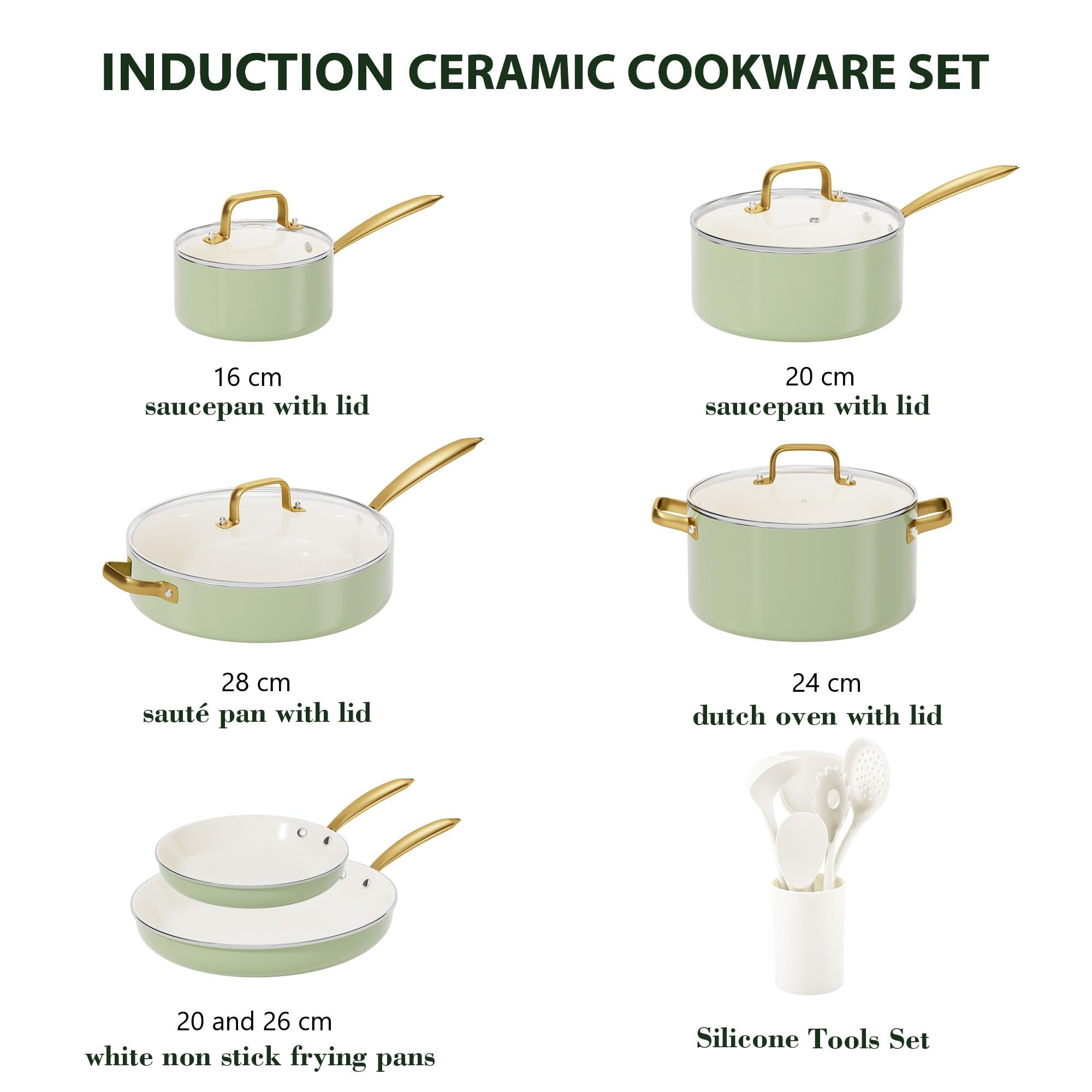 RIOVARM Inducción Juego de ollas y sartenes con Tapas, Cerámica Antiadherente Batería de cocina con juego de espátulas, Juego Esencial de Cocina para Regalos de Cocina, Olla, Sartén, Sin PFOA