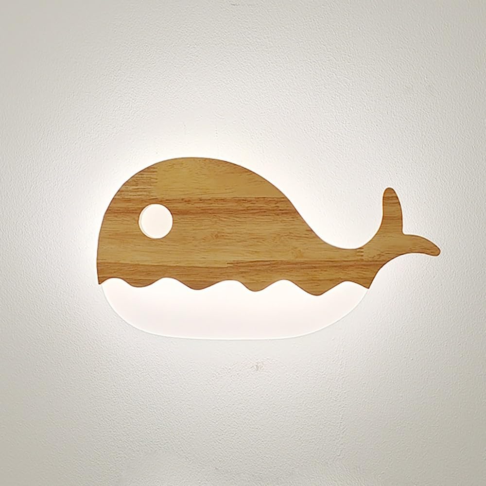 Cosrub 25Cm/9.84In Nordic Whale Wooden Wall Sconce, Fish Dimmable Led Wall Night Light Cute Farmhouse Creative Wall Lamps For Bedroom Bedside Living Room Hallway()