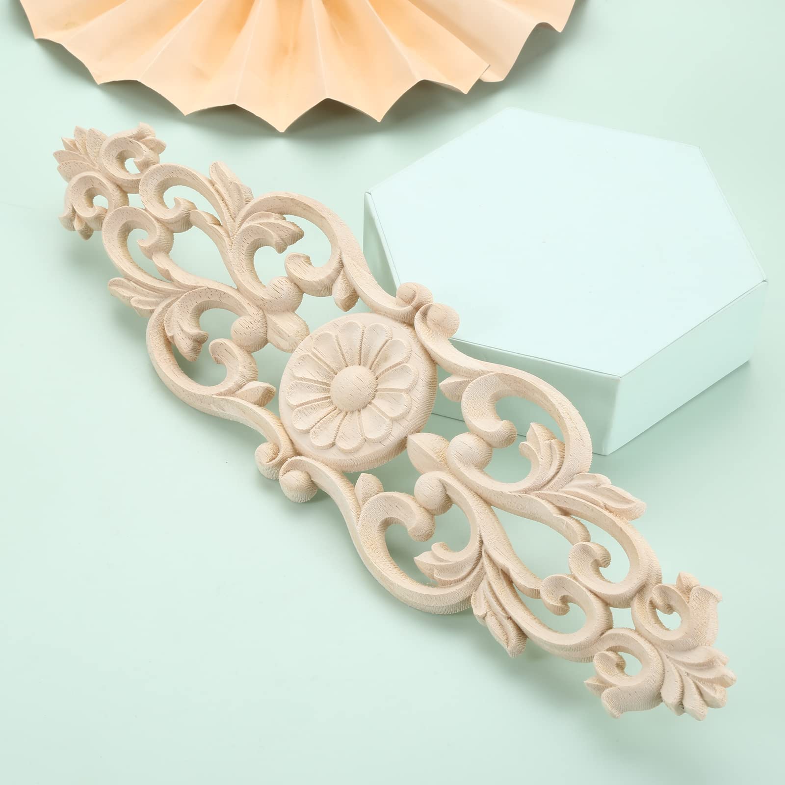 MUXSAM Wood Carved Onlays, 2Pcs Unpaint Decorative Appliques, Long Furniture Carving Decals for Cabinet Mirror Dresser Wall Closet Cupboard Bed Furniture Piece DIY Project, 32x8cm/12.6"x3.2"