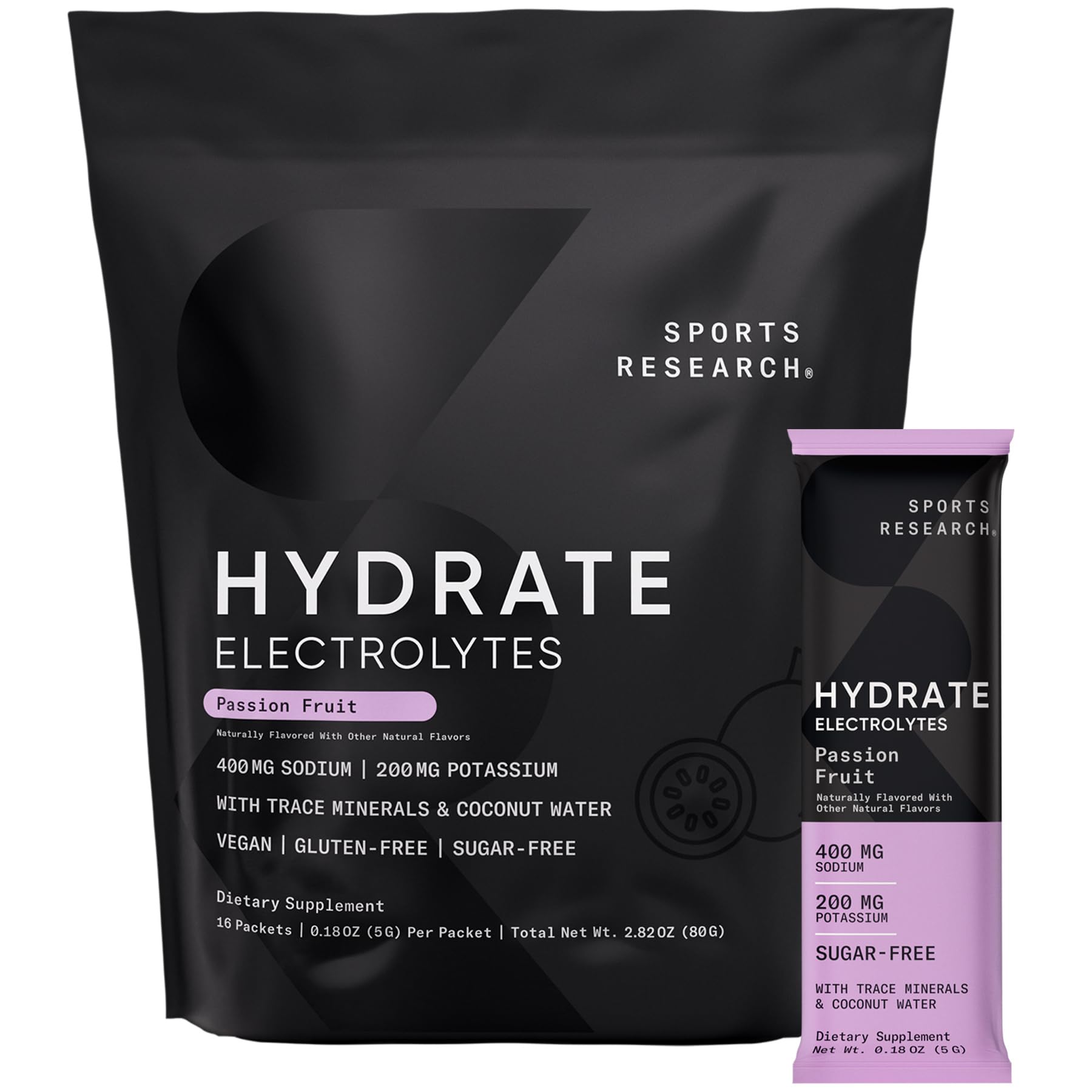 Hydrate Electrolytes Powder Packets - Sugar-Free & Naturally Flavored with Vitamins, Minerals, and Coconut Water - Supports Hydration - 16 Packets - Passion Fruit